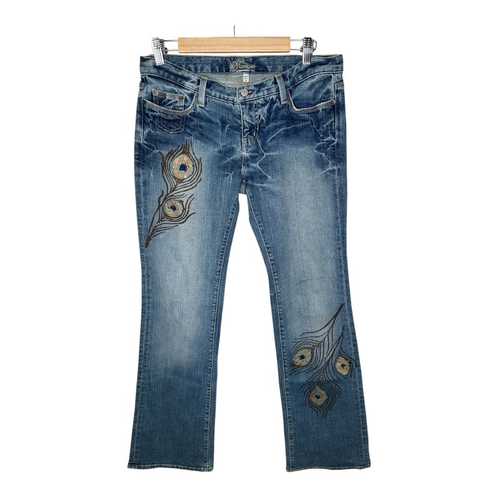 Vintage Y2K Bebe Peacock Jeans Low Rise Distressed 30 X 34 Bootcut Boho Glam